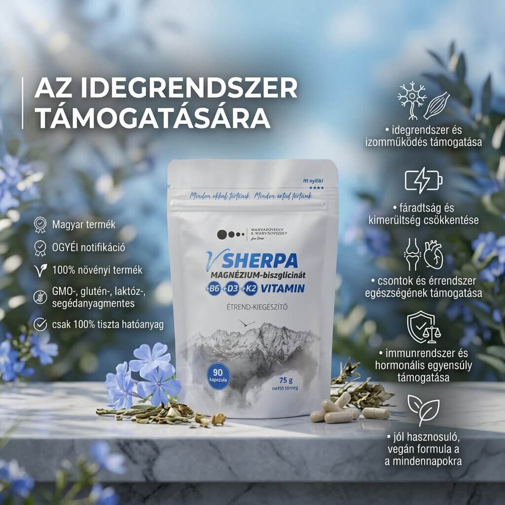 vSherpa Magnézium-biszglicinát + B6-vitamin + D3-vitamin + K2-vitamin étrend-kiegészítő - az idegrendszer támogatására - 90 db