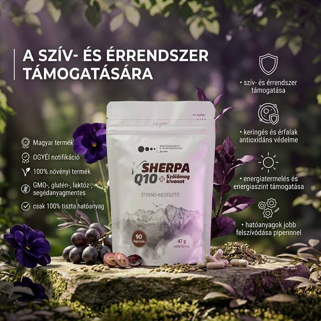 vSherpa Q10 + Szőlőmag kivonat étrend-kiegészítő - a szív- és érrendszer támogatására + sejtszintű antioxidáns védelemre - 90 db